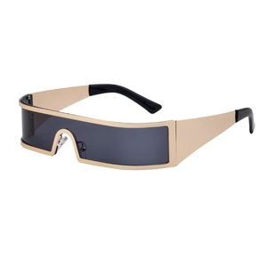 Futuristic square sunglasses with gold metal frame and dark grey flat shield lens