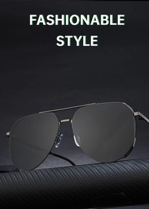 Close-up of gunmetal aviator sunglasses with dark polarized lenses on textured background