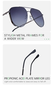 Detail of pilot sunglasses with metal frame and lightweight propionic acid temples