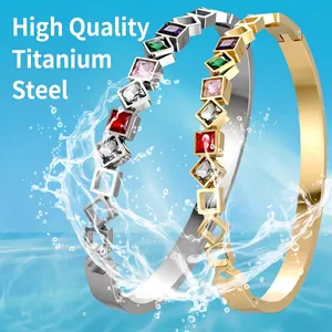 Waterproof gold and silver titanium steel bangles with colorful square-cut gemstones