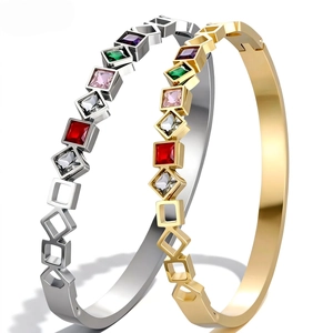 Golden and silver stainless steel bangles with colorful square-cut crystals for women