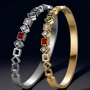 Multicolor Gemstone Bangle Stainless Steel Gold Plated Square Geometric Hollow Bracelet Waterproof Jewelry For Women
