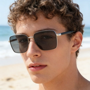 Square polarized sunglasses for men with dark lenses and silver metal bridge details