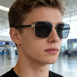 Close-up of square polarized sunglasses with silver metal frames and matte black temples