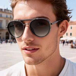 Men's retro metal oval sunglasses with double bridge and dark grey gradient lenses