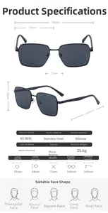 Detailed size chart for square polarized sunglasses with precise frame measurements
