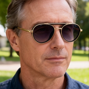 Close-up of stylish men's aviator sunglasses with purple gradient lenses and metal frame