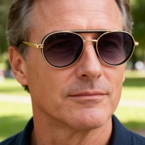 Outdoor close-up of pilot sunglasses with a double-bridge metal frame and gradient lenses