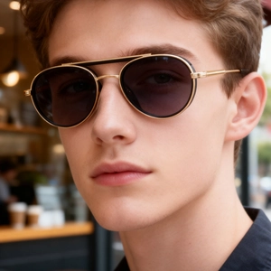 Close-up of retro double bridge sunglasses with gold metal frame and black rim details