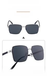 Detail view of square stainless steel sunglasses with dark grey polarized lenses