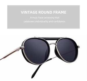 Detail of vintage oval steampunk sunglasses with silver metal double bridge frame