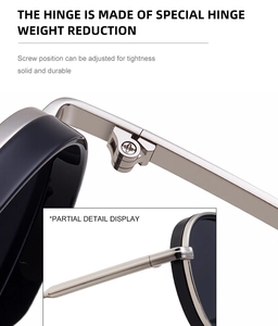 Detail of durable silver metal hinges on black oval punk sunglasses with screw adjustment
