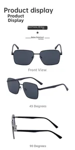 Three-angle view of square polarized nylon sunglasses with black frame and gray lenses