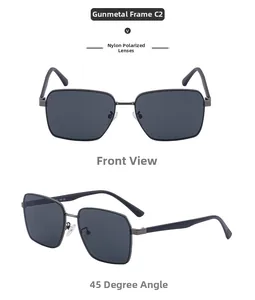 Front and 45-degree angle views of gunmetal square polarized nylon sunglasses for men