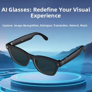 Smart AI glasses with built-in camera and audio features on a blue light base