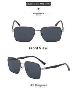 Detail of silver square metal frame sunglasses with nylon polarized grey lenses