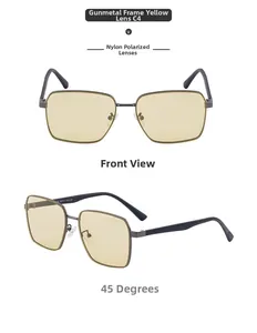 Detail view of square gunmetal frame sunglasses with yellow polarized nylon lenses