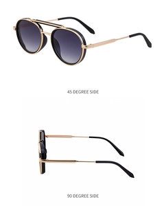 Detailed side views of retro punk oval sunglasses with double bridge and metal frames