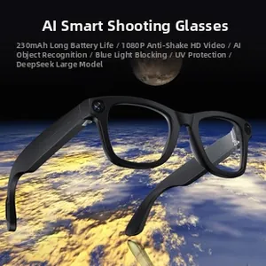 Macro detail of AI smart camera glasses lens with 1080P anti-shake video recording feature