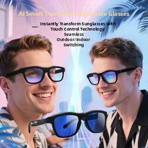 Detail of smart AI glasses featuring touch-sensitive lenses for instant dimming and translation
