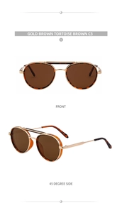 Detailed front and side views of gold oval metal sunglasses with tortoise temple tips