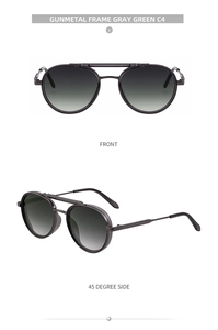 Front and 45-degree side views of gunmetal metal frame oval sunglasses with gray green lenses