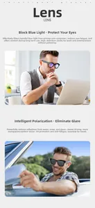 Detail view of smart glasses showing anti-blue light lenses for driving and office work