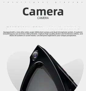 Detailed close-up of 500W pixel ultra-wide angle camera and dual mic system on smart glasses