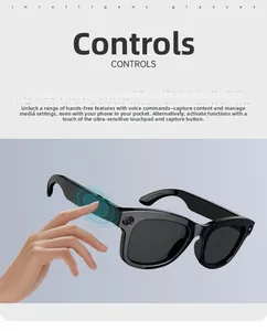Close-up of smart glasses with camera lens and hand touching the temple sensor