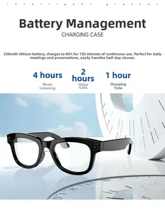 Smart glasses detail showing integrated 220mAh lithium battery and compact camera lens