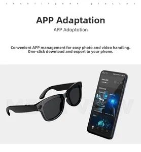 Close-up of smart AI camera glasses featuring a sleek black frame and dedicated mobile app interface