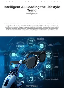 Detail of smart AI glasses with robotic hand display showing camera and translation icons