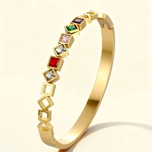 Stainless Steel Bangle For Women With Multi Color Square Gemstones Geometric Hollow Out Design Gold Plated Fashion Jewelry
