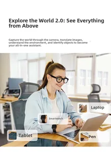 Smart AI glasses identifying a laptop, watch, and tablet in a modern office desk scene