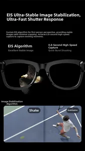 Smart glasses detail showing EIS stabilization and 0.8s shutter speed for clear action shots