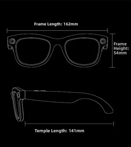 Technical diagram showing smart glasses dimensions for frame width and temple length