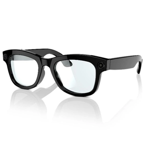 Smart AI camera glasses with black rectangular frames and built-in sensors on white background