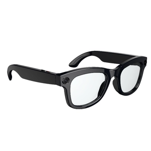 Smart AI camera sunglasses in black with dual lenses and a sleek modern design