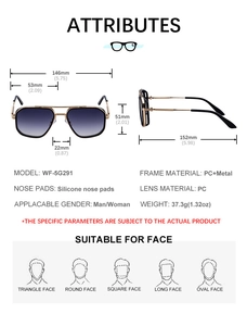 Spécifications détaillées de taille pour lunettes de soleil aviateur rétro punk