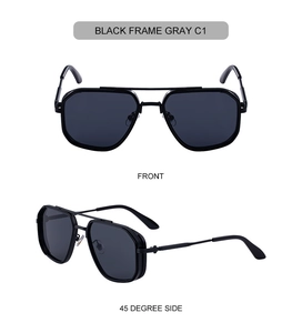 Vues de face et de profil de lunettes de soleil carrées noires à double pont