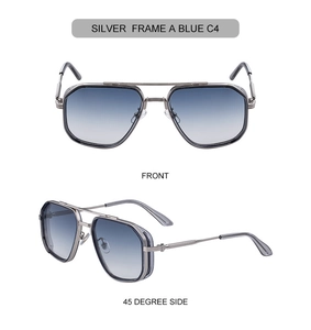 Vues de face et latérale de lunettes aviateur en métal argenté avec verres dégradés bleus