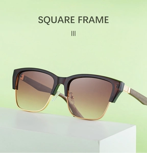 Detail of square frame sunglasses with wood grain temples on a white geometric platform