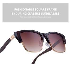 Detail of square frame sunglasses showing brown gradient lenses and wood grain temples