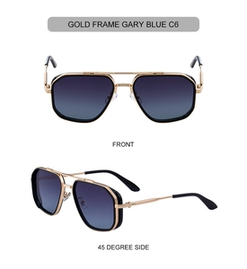 Vue détaillée avant et latérale de lunettes de soleil carrées dorées aux verres bleus