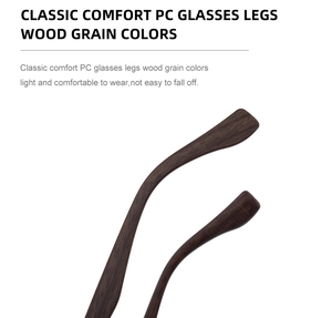 Detailed close-up of lightweight PC sunglasses arms with a realistic wood grain texture
