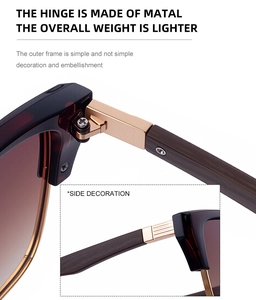 Detailed macro view of the golden metal hinge and wood grain temples on cat eye sunglasses