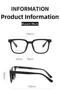 Detailed dimensions of black square optical glasses frame with silver rivets