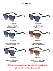 Detail view of retro square sunglasses collection with faux wood temples in various colors