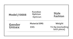 Detailed technical specifications for model J10008 square unisex glasses weighing 15.9g
