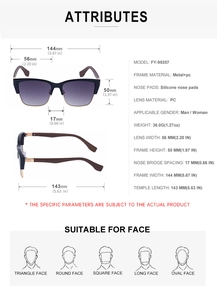 Detailed specs of cat-eye sunglasses with wood-grain temples and dark gradient lenses